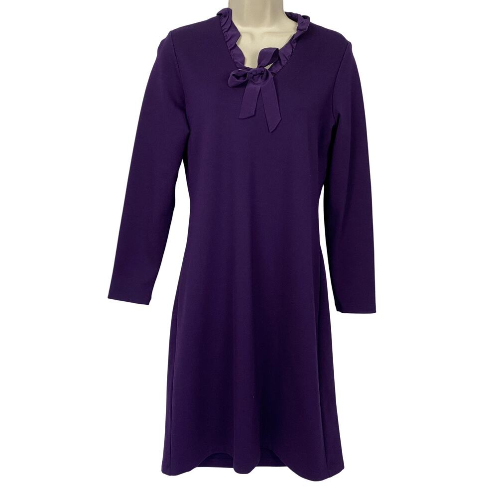 J.McLaughlin Dress Womens Small Purple Ruffle V-Neck Bow Long Sleeve Knit Sheath
